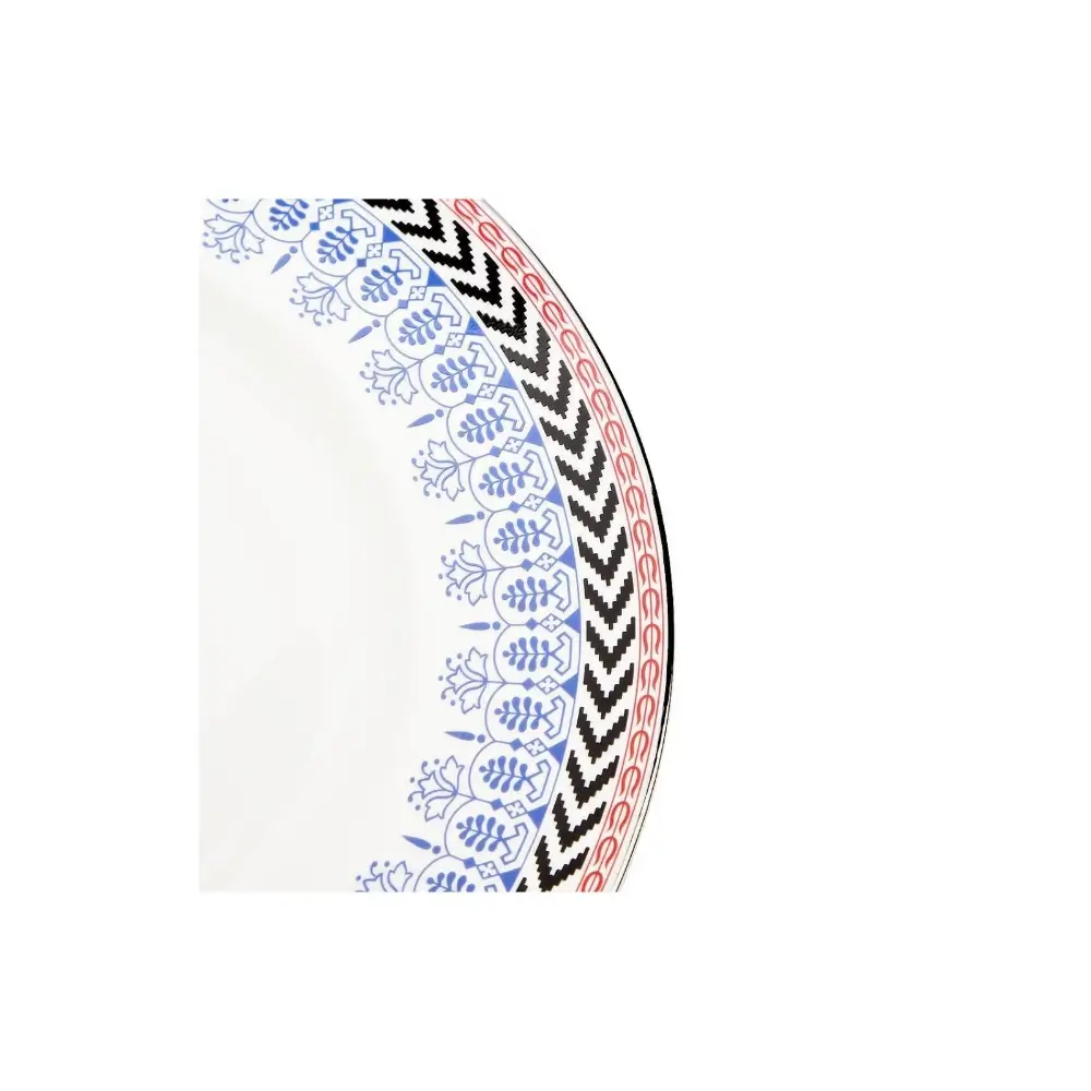 Decorative circular object with floral and chevron patterns