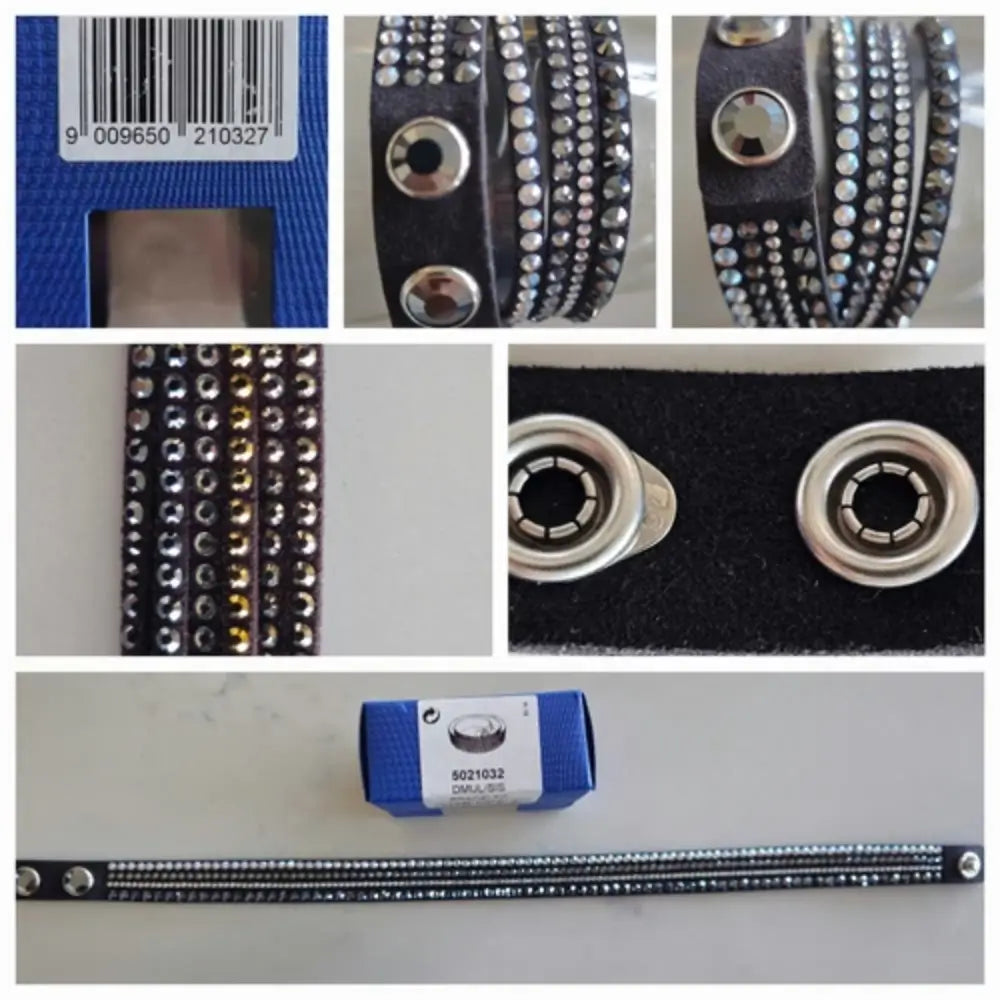 Collage of images showing a zipper with rhinestone embellishments and packaging.