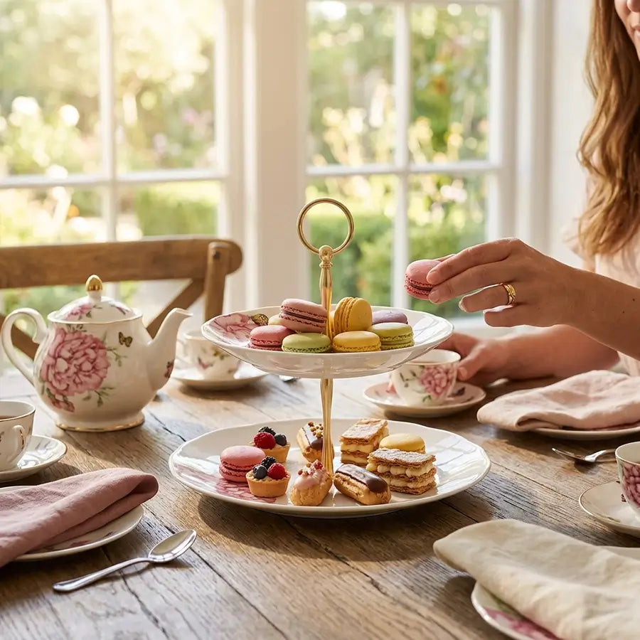 A two-tiered gold-plated metal stand holding assorted macarons and pastries on a wooden table, with a floral teapot, teacups, and a woman's hands visible in a bright tea-time setting.