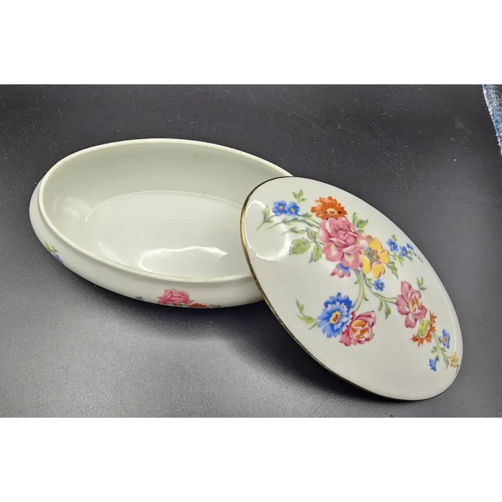 Floral-patterned ceramic dish with lid