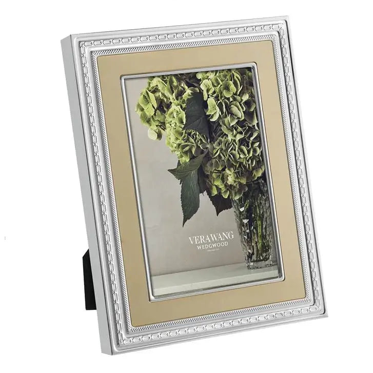A rectangular picture frame with a silver-toned beaded border and a beige mat, holding a floral photograph. The frame is shown standing at a slight angle on a plain white background from our Wedgwood Outlet & Sale Australia collection