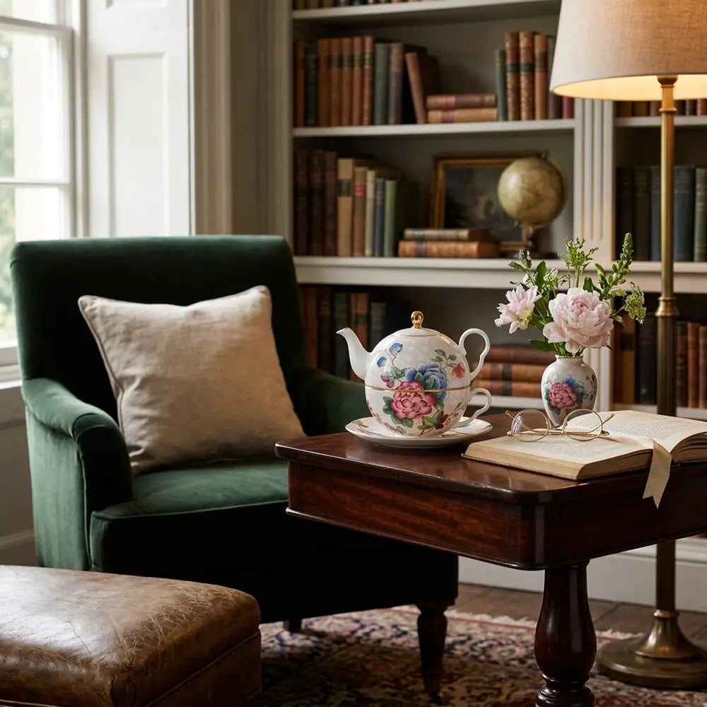 Elegant Wedgwood Paeonia Blush stacked teapot and teacup set with gold accents and floral motifs on a classic wooden table