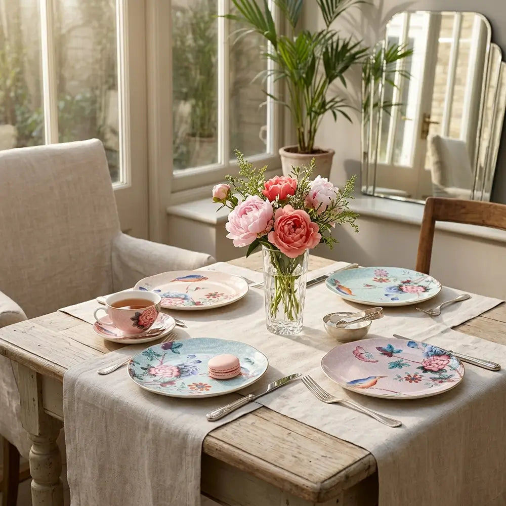 Elegant Wedgwood Paeonia Blush fine bone china plates in pink, blue, coral, and green displayed in a bright sunlit dining setting.