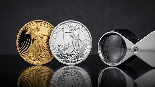 A high-end hero image featuring gold and silver proof coins with a professional magnifying loupe, highlighting mirror-like finishes and numismatic authenticity verification.