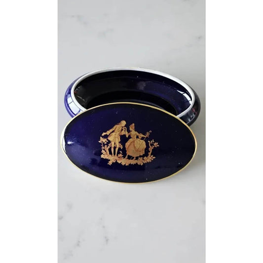 Limoges Vintage Cobalt Blue Gold-Gilt Courting Couple Trinket Box (7")