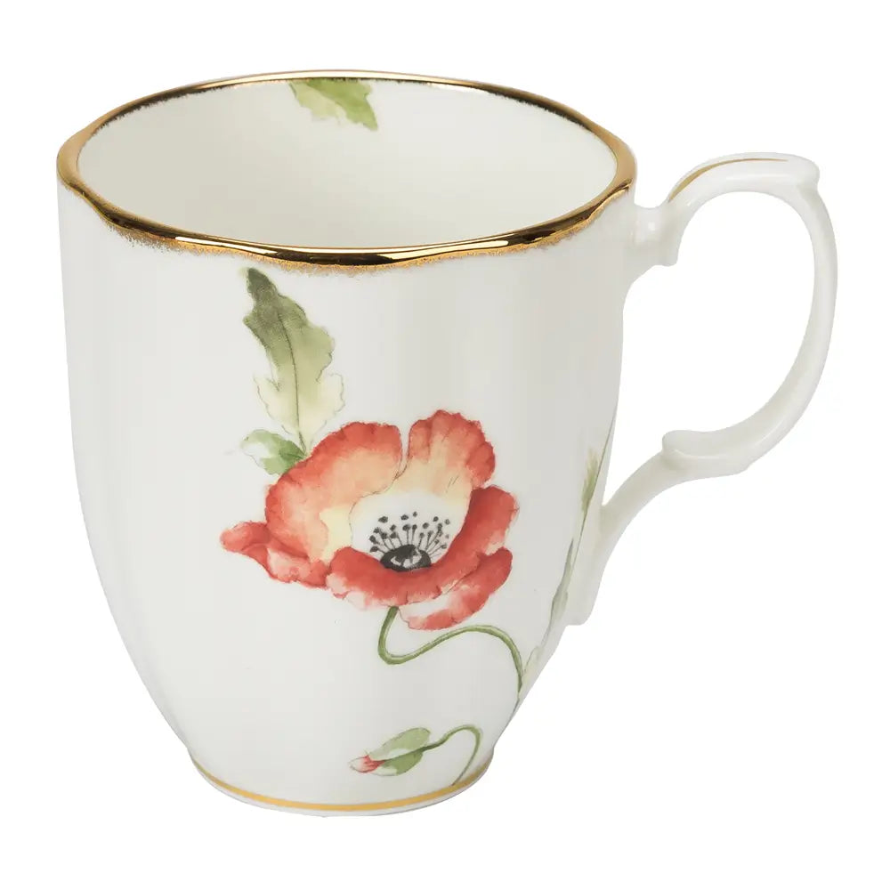 White mug with a red floral design 