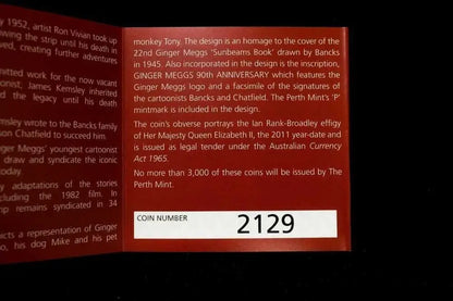 A close-up of a collectible coin inscription card for a Perth Mint coin, featuring a red background with black text and a white 'COIN NUMBER 2129' box at the bottom.