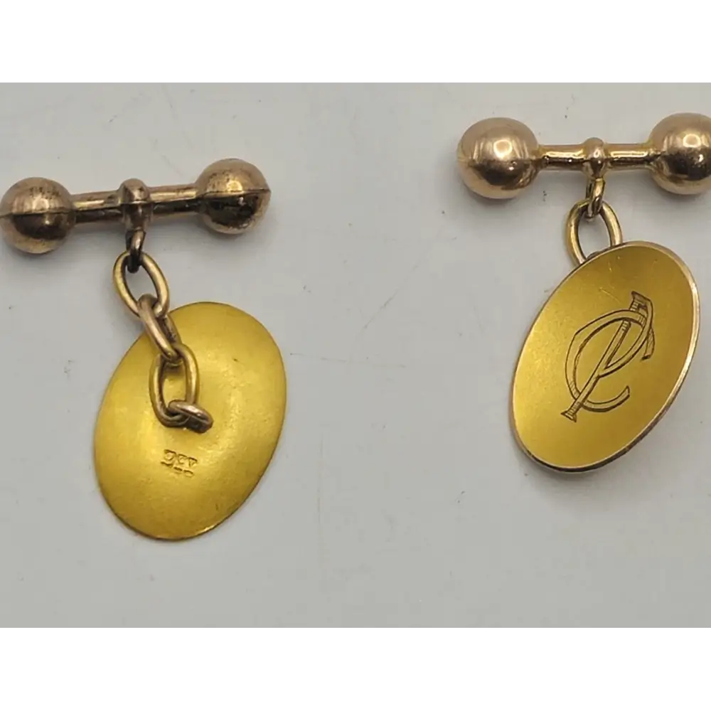 Antique 1900s Edwardian Gold Cufflinks, Classic 9K Yellow Gold, Engraved Monogram