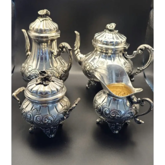 Antique 800 silver tea set complete 1800g collection with ornate detailing