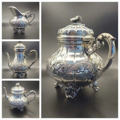 Authentic antique silver tea set, complete set with ornate detailing