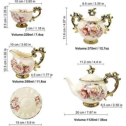 Tea set with floral design and measurements on a white background