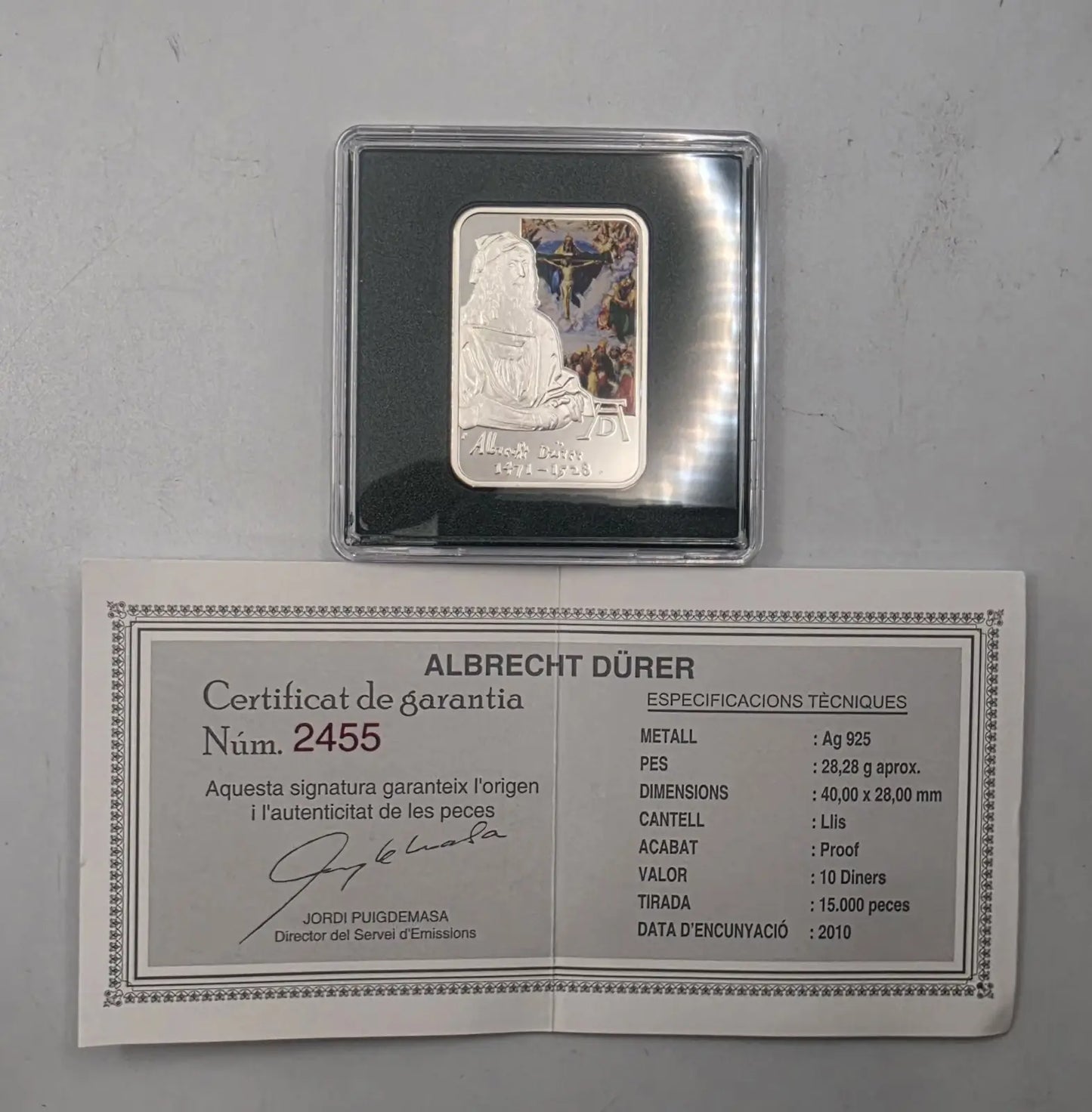 A framed silver coin of Albrecht Dörer with its certificate of authenticity displayed below on a light gray background from our Gold Proof Sets & Commemorative Medals collection