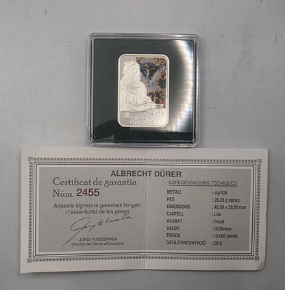 A framed silver coin of Albrecht Dörer with its certificate of authenticity displayed below on a light gray background from our Gold Proof Sets & Commemorative Medals collection