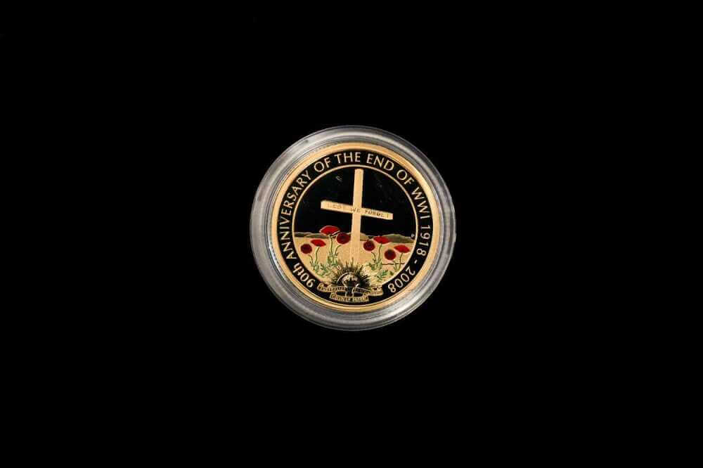 2008 End of WWI gold proof coin reverse – burial cross and red poppies, Perth Mint | Koalaehub