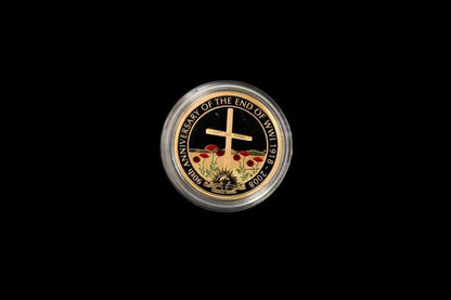 2008 End of WWI gold proof coin reverse – burial cross and red poppies, Perth Mint | Koalaehub