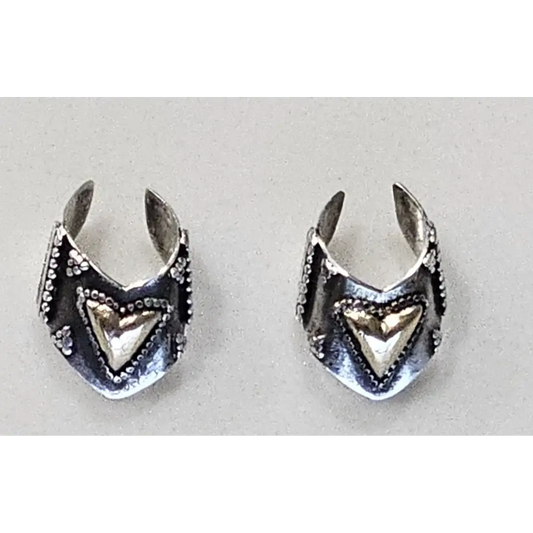 Complete Antique Heart Ear Cuff Set displayed on a luxurious velvet jewelry box cushion, showing both the silver and gold elements.