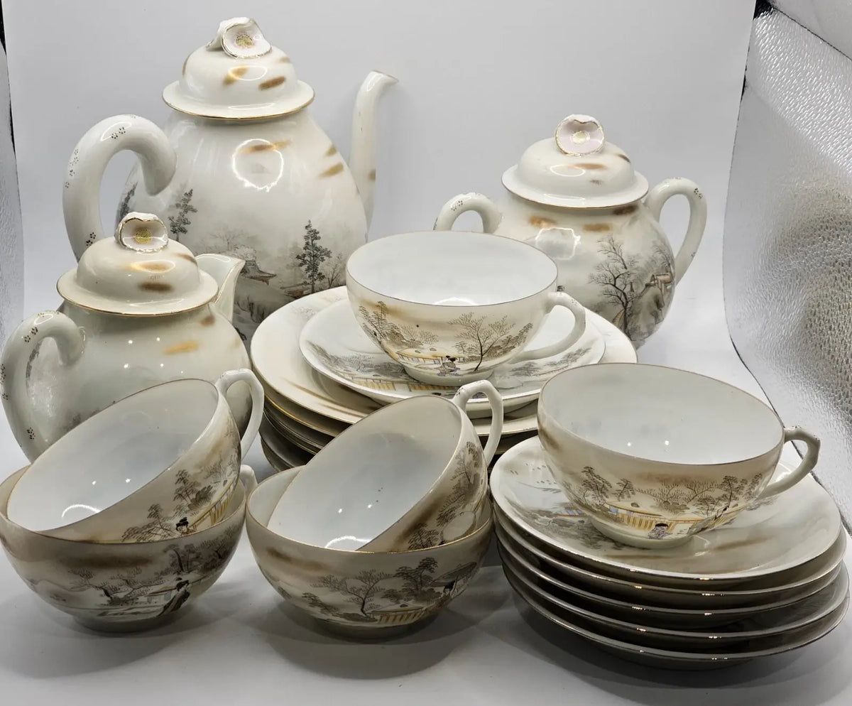 Antique Japanese Porcelain Tea Set 21 Piece, Geisha Scenes with Gold Trim