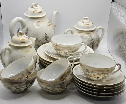 Antique Japanese Porcelain Tea Set 21 Piece, Geisha Scenes with Gold Trim