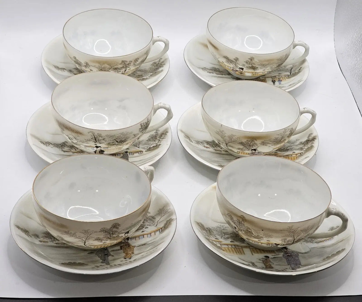 Antique Japanese Porcelain Tea Set 21 Piece, Geisha Scenes with Gold Trim