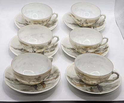 Antique Japanese Porcelain Tea Set 21 Piece, Geisha Scenes with Gold Trim