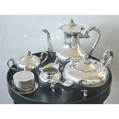 Antique silver plated tea & coffee service set, 5-piece with coasters