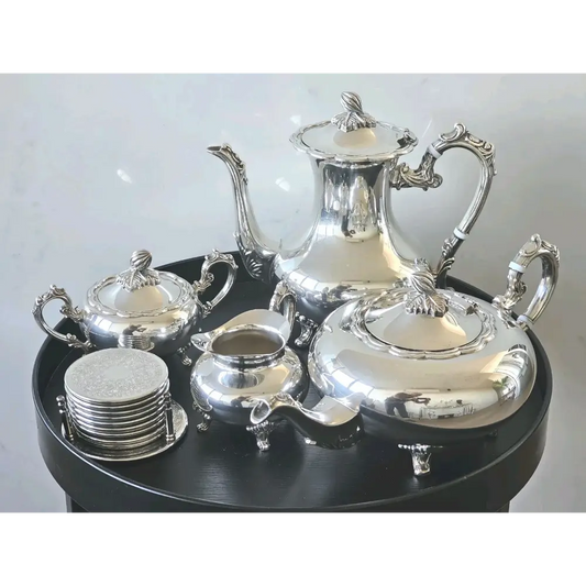 Antique silver plated tea & coffee service set, 5-piece with coasters