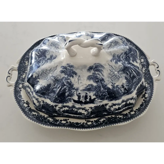 Antique Victoria Ironstone covered vegetable dish tureen featuring a detailed scenic transferware pattern.