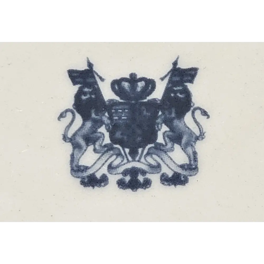 The official antique Victoria Ironstone hallmark stamp on the bottom of the scenic transferware vegetable dish.