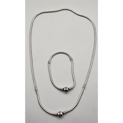 Silver necklace with a clasp on a light gray background