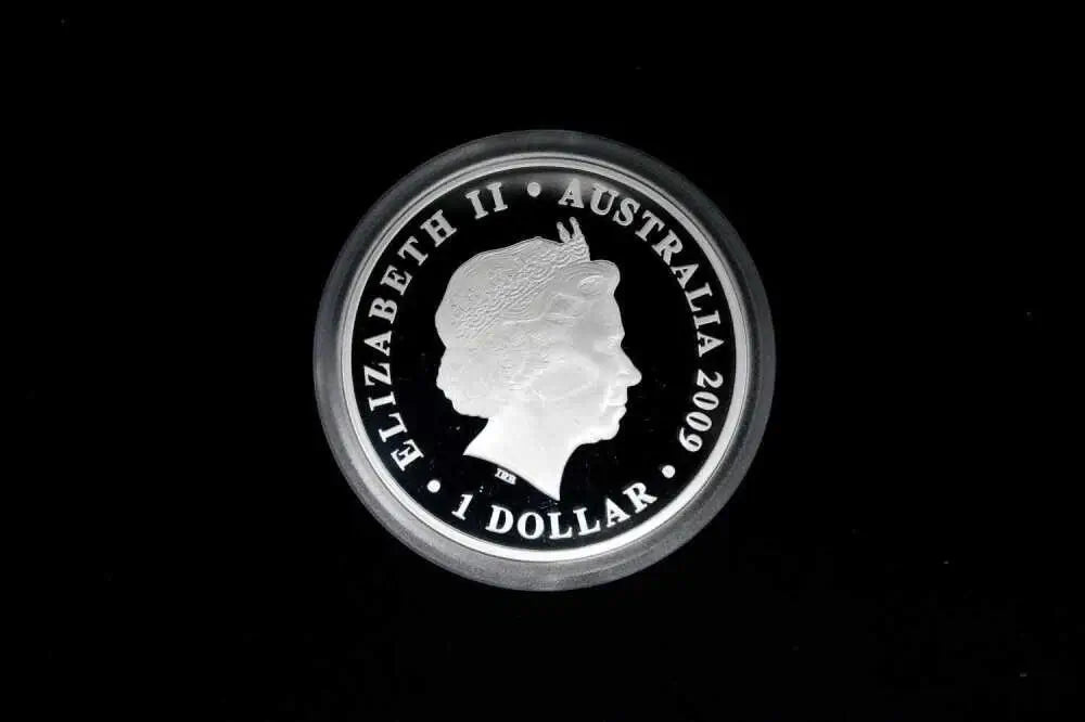 A silver 2009 Australian 1 Dollar coin featuring the profile of Queen Elizabeth II, encased in a protective plastic holder against a solid black background.