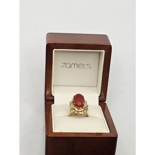 14K Vintage Yellow Gold Red Coral Cocktail Ring Front View