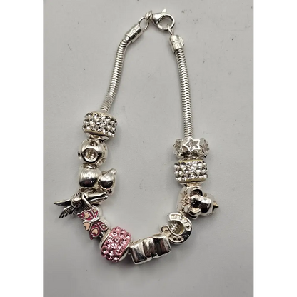 Silver bracelet with various charms