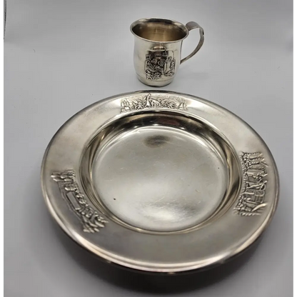 Silver plate and cup with engraved designs 