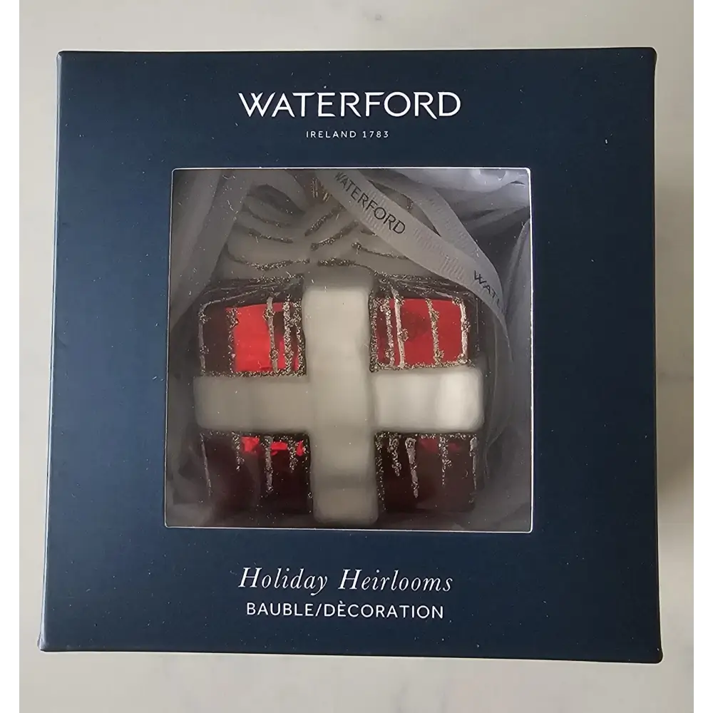 Waterford holiday heirlooms in a box on a white background