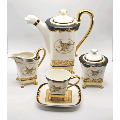 AJM DAYE Antique Black & Gold Leopard Coffee Set Front View
