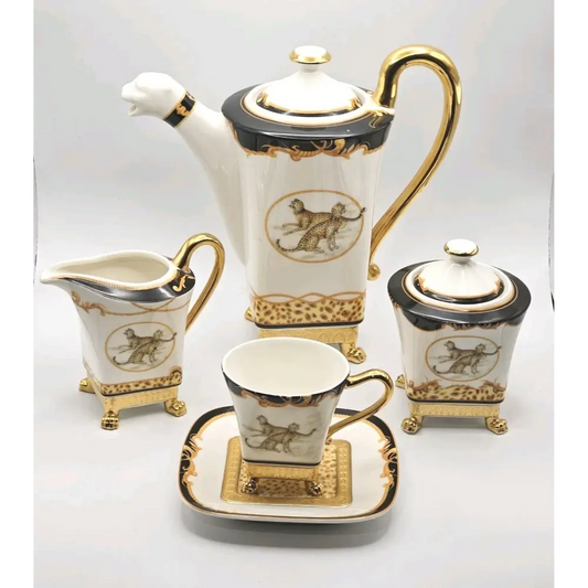 AJM DAYE Antique Black & Gold Leopard Coffee Set Front View