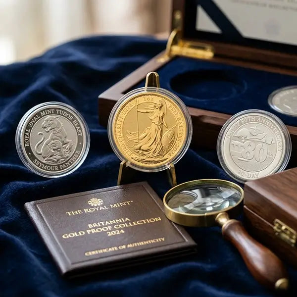 A collection of commemorative coins from The Royal Mint's Britannia Gold Fowl Collection 2024, displayed on a dark blue velvet cloth with a wooden presentation box, a magnifying glass, and an authenticity certificate.