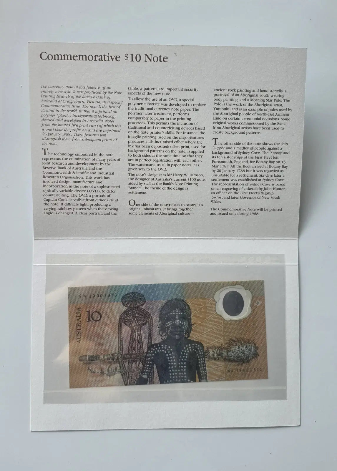 Close-up of the Australia 1988 Bicentennial $10 polymer banknote showing the Sydney Cove scene