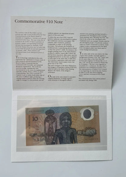 Close-up of the Australia 1988 Bicentennial $10 polymer banknote showing the Sydney Cove scene
