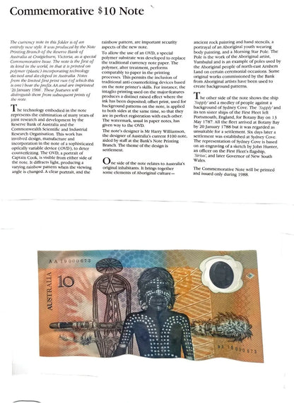 Open folder with the 1988 Australian $10 polymer banknote and information panel