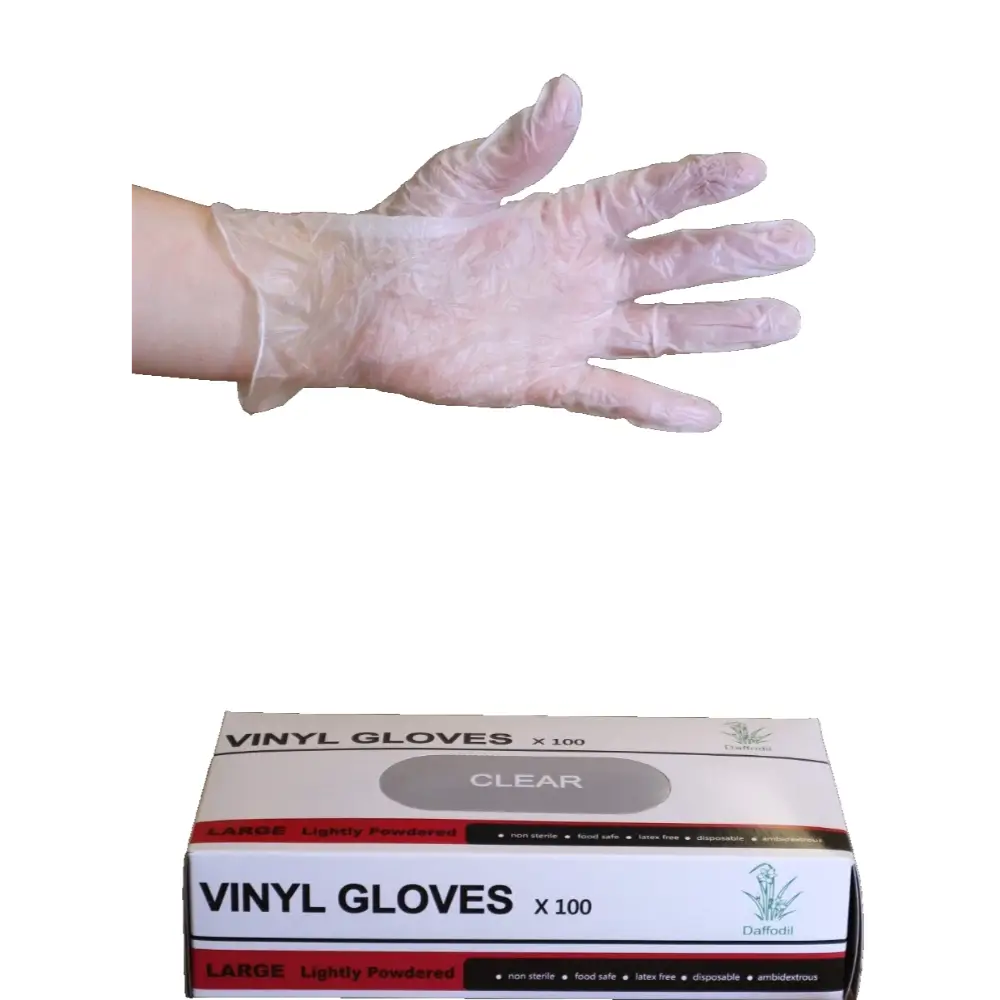 Daffodil Clear Vinyl Gloves 100ct - Lightly Powdered Latex-Free Disposable Gloves