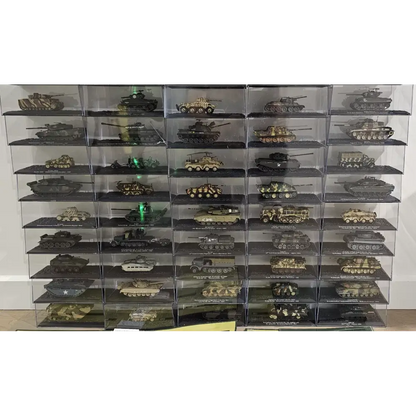 Collection of model tanks displayed in a clear plastic case.