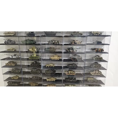 Collection of model tanks displayed in a clear acrylic case.