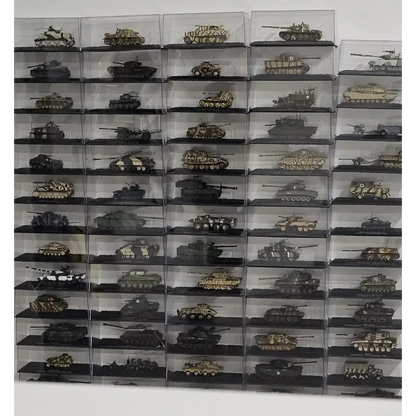 Collection of model tanks displayed in a clear case.