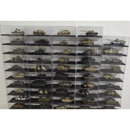 Collection of model tanks displayed in a clear acrylic case