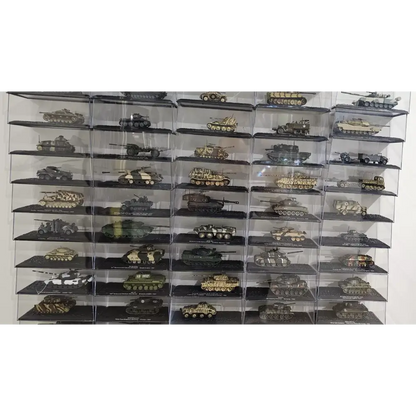 Collection of model tanks in clear display cases on a white background