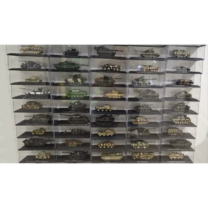 Collection of model tanks displayed in a clear case against a white background