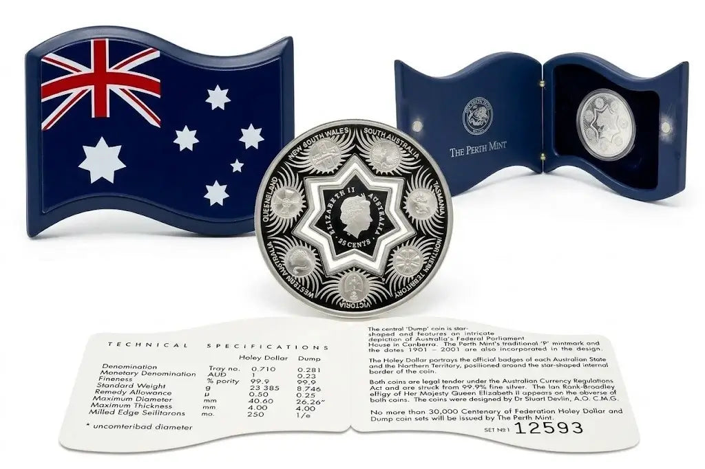 Australian 12 oz Silver Dollar coin with a silver medallion, a blue wave-shaped display plaque featuring the Australian flag, an open blue presentation case, and a white technical specification card from our World & Vintage Coins, Gold Proof Sets & Commemorative Medals collection 