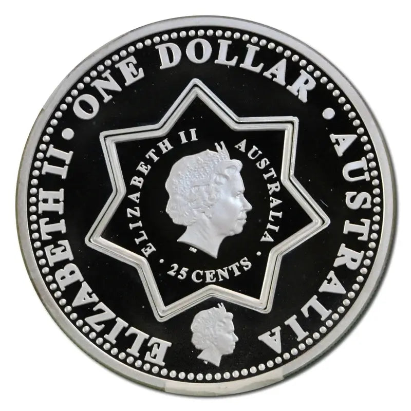 A circular Australian one dollar coin featuring a black and silver design with the profile of Queen Elizabeth II, the text 'ELIZABETH II AUSTRALIA 25 CENTS', and 'ONE DOLLAR AUSTRALIA' around the edge.