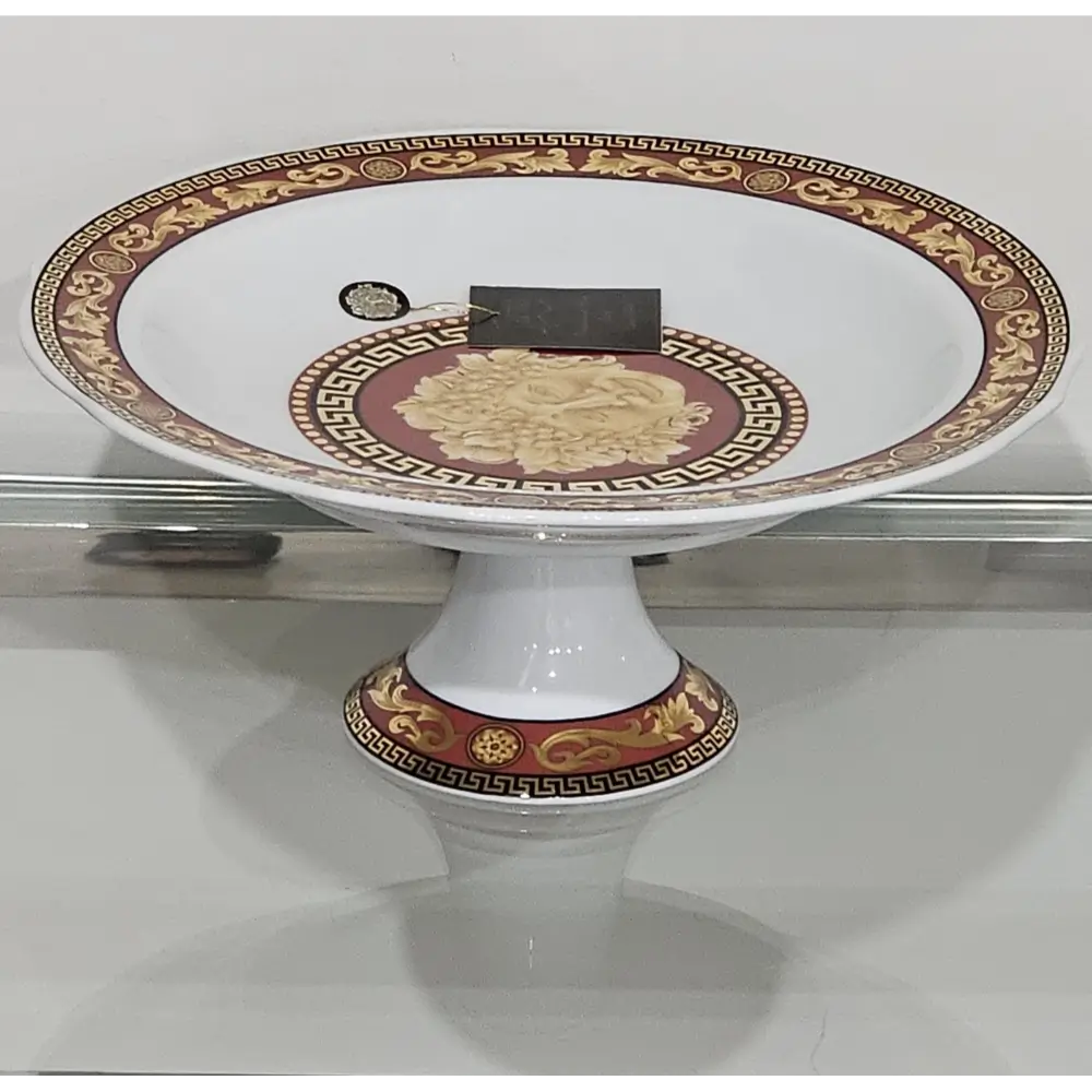 Juno by Casa Elite Milano Collection Fine Porcelain Serving Pedestal with Red and Gold Greek Key Design from our home decor connection 